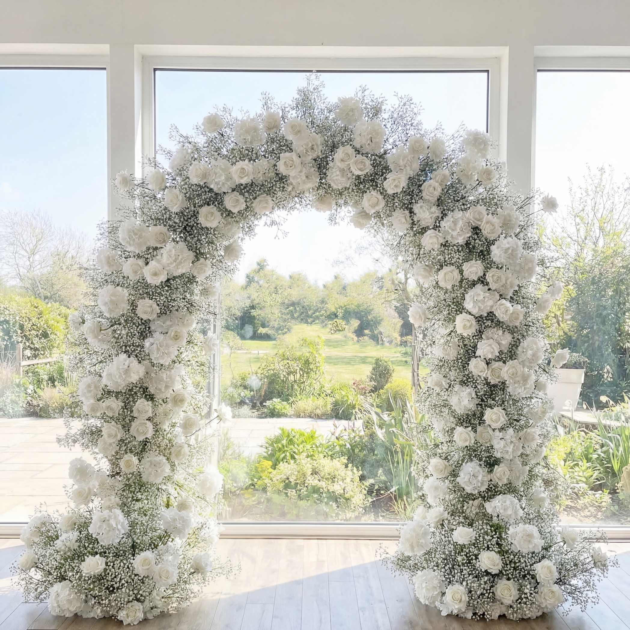 RoseyTime White Rose Baby's Breath Flower Arch n-shape Round Arch #RTA385