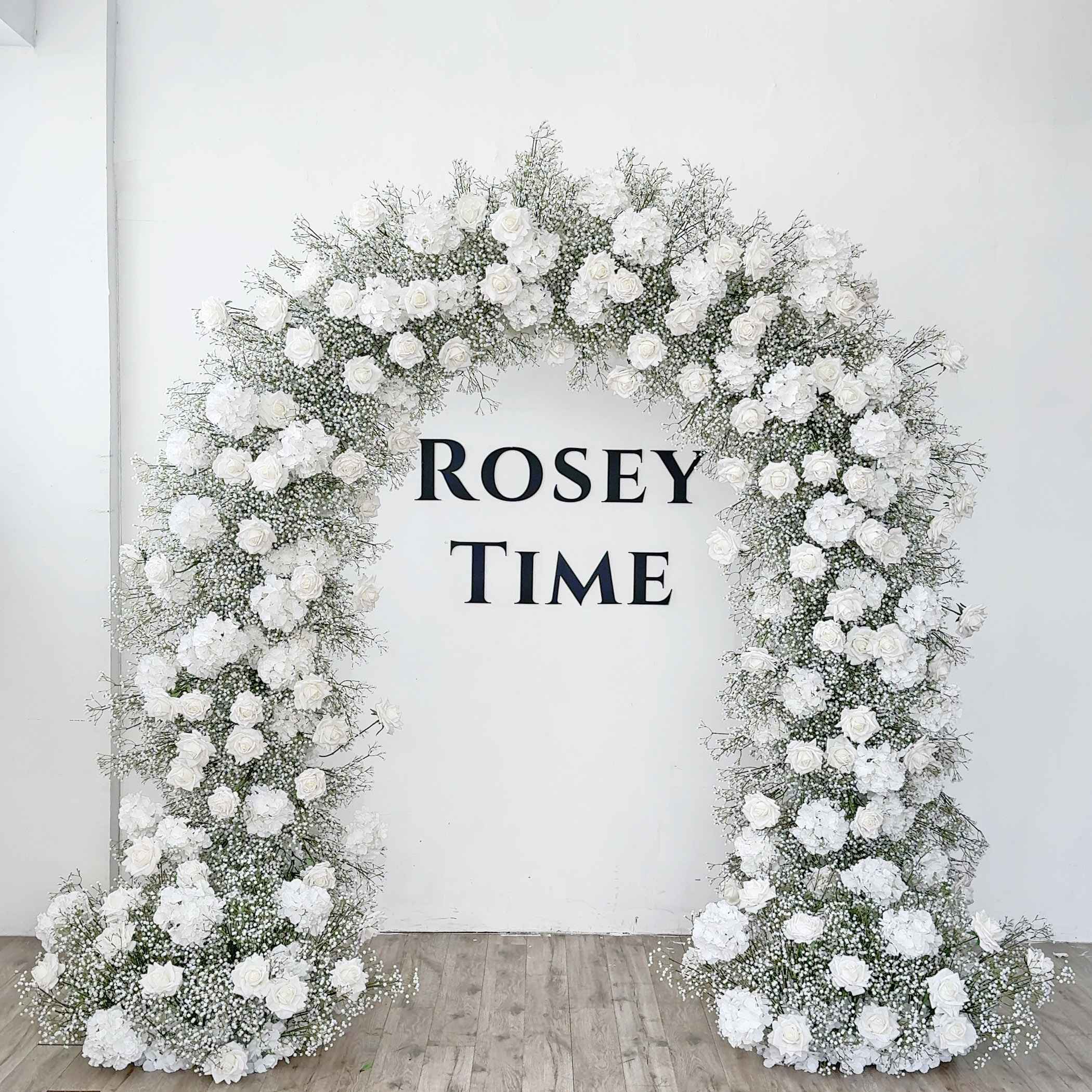 RoseyTime White Rose Baby's Breath Flower Arch n-shape Round Arch #RTA385