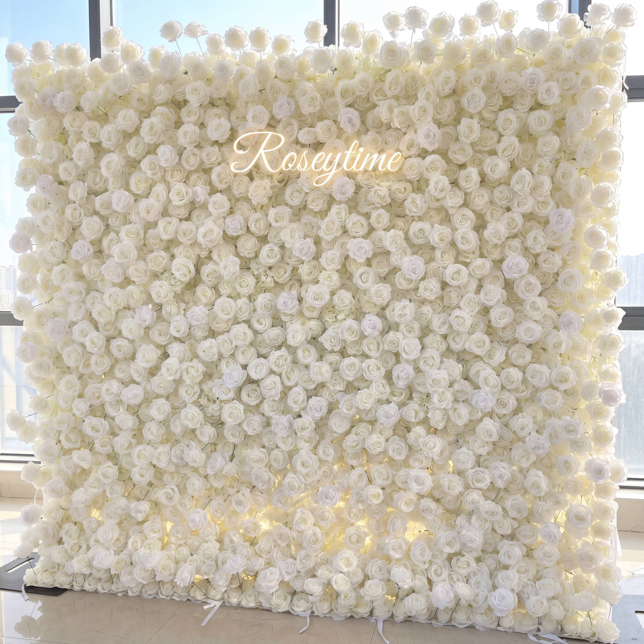 Roseytime 5D White&Cream White Flower Wall Roll Up Fabric Back#RTW019