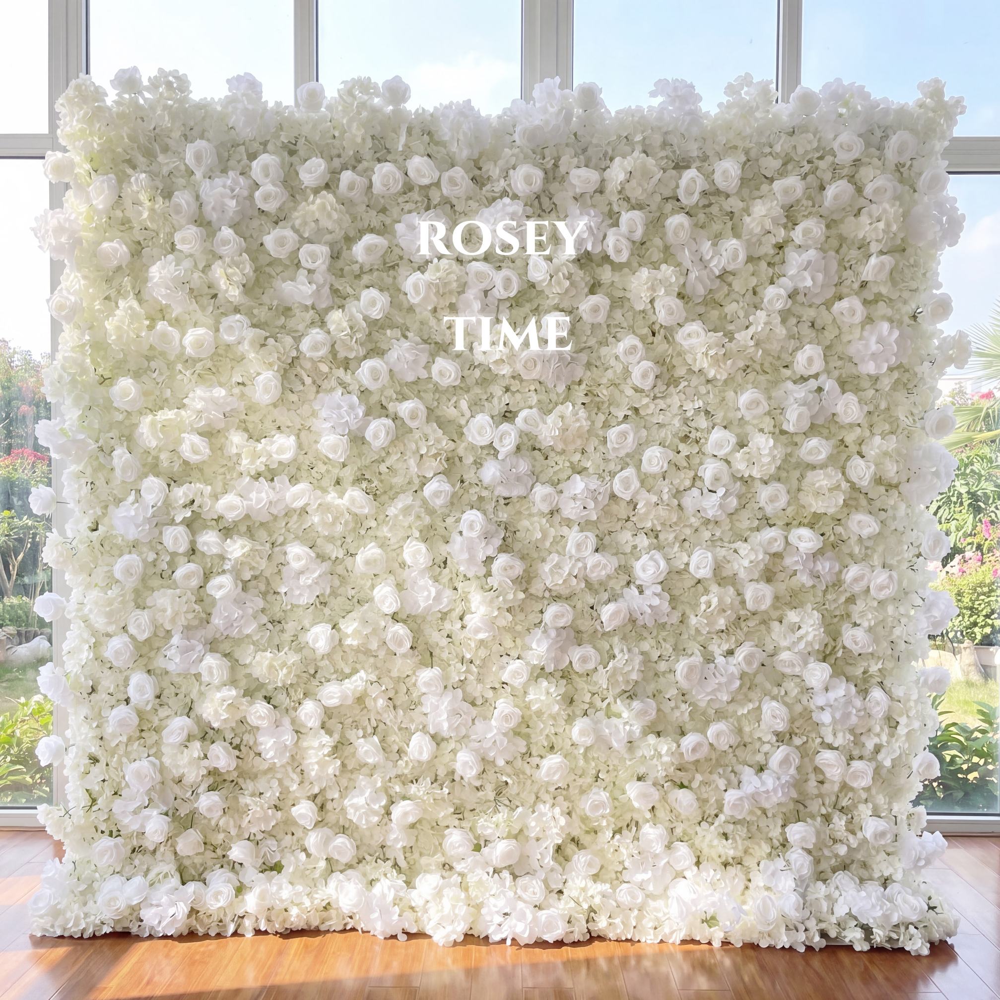 Roseytime 3D White Roses &Ivory Hydrangea Flower Wall Roll Up Fabric Back #RTW035