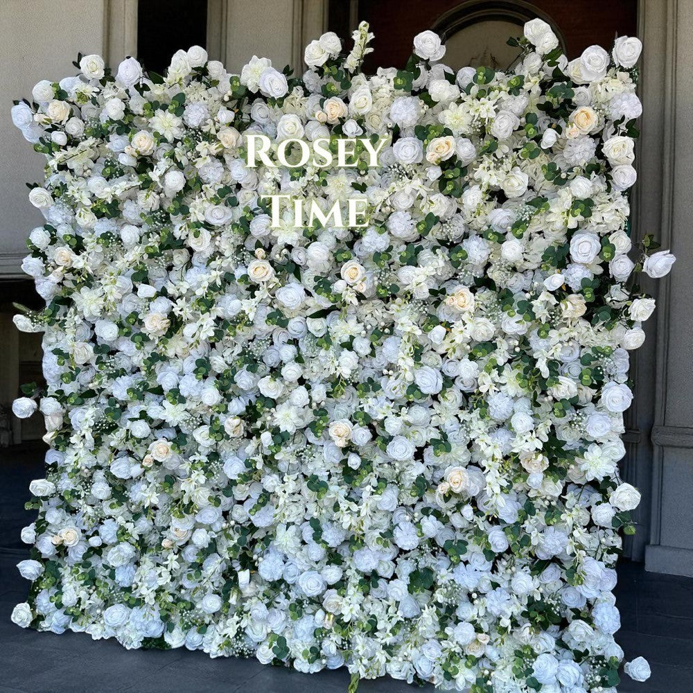 Roseytime 5D Artificial White&Green Flower Wall Roll Up Fabric Back RTW034