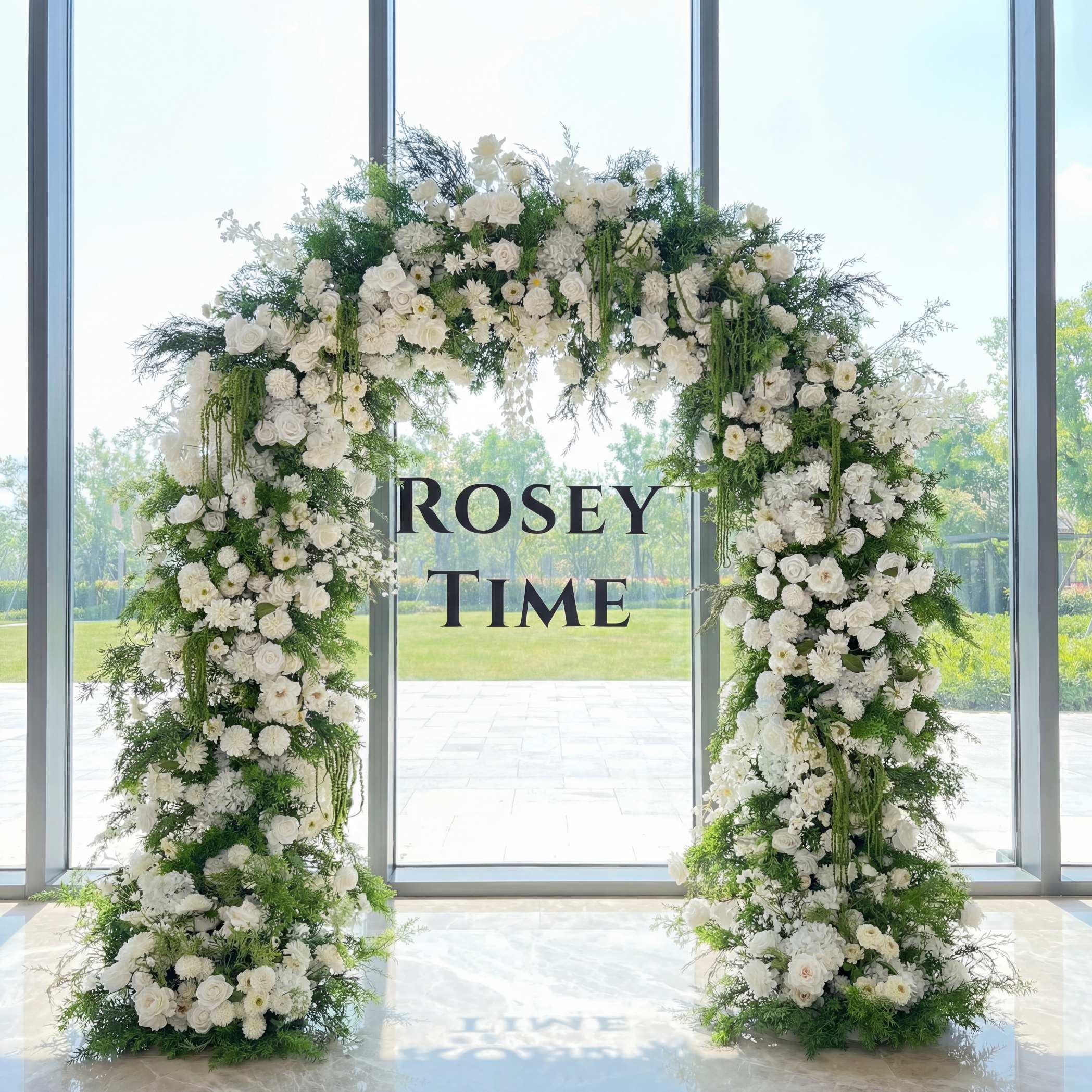 RoseyTime White&Green Flower Arch n-shape Round Arch #RTA146