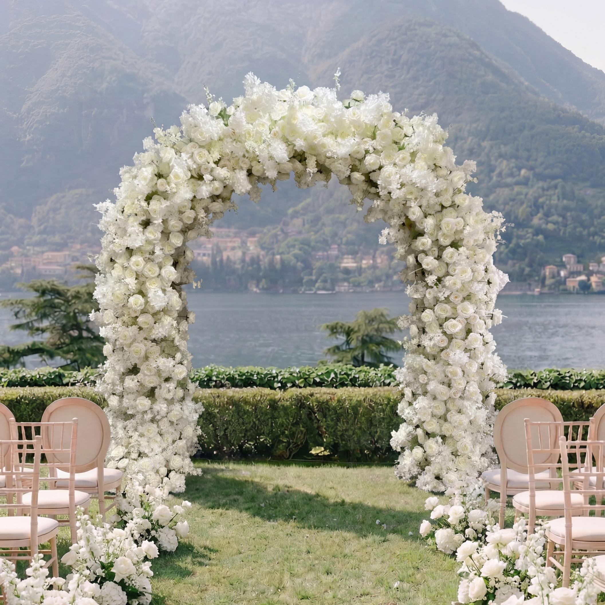 RoseyTime White Flower Round Arch White Hydrangea Rose Sakura With Frame #RTA065