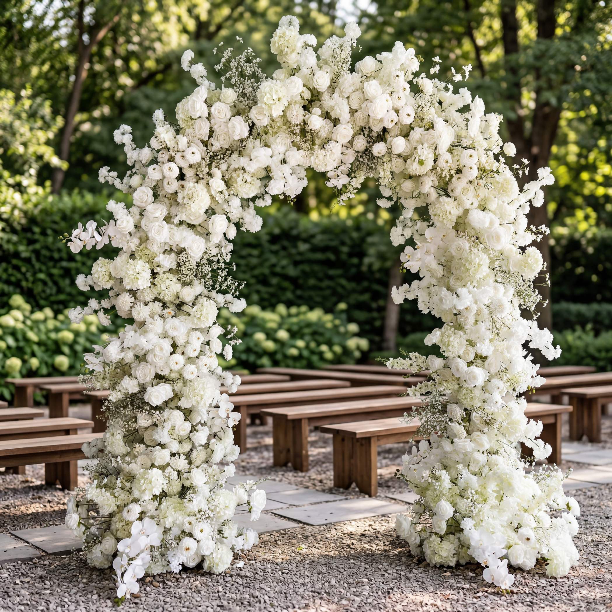 Roseytime White Rose with Baby's Breath Flower Round Arch With Frame #RTA071