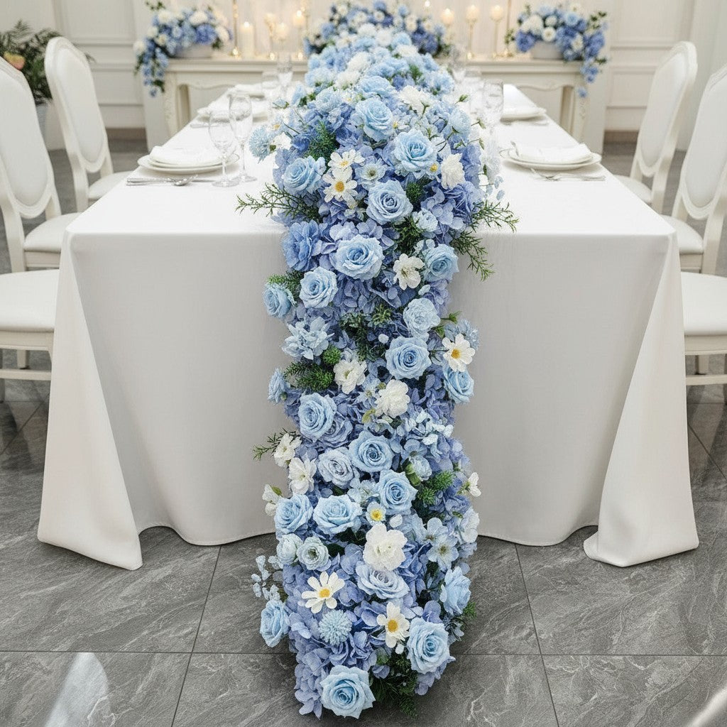 Roseytime White&Blue Flower Runner Table Flower Decor#RTR091