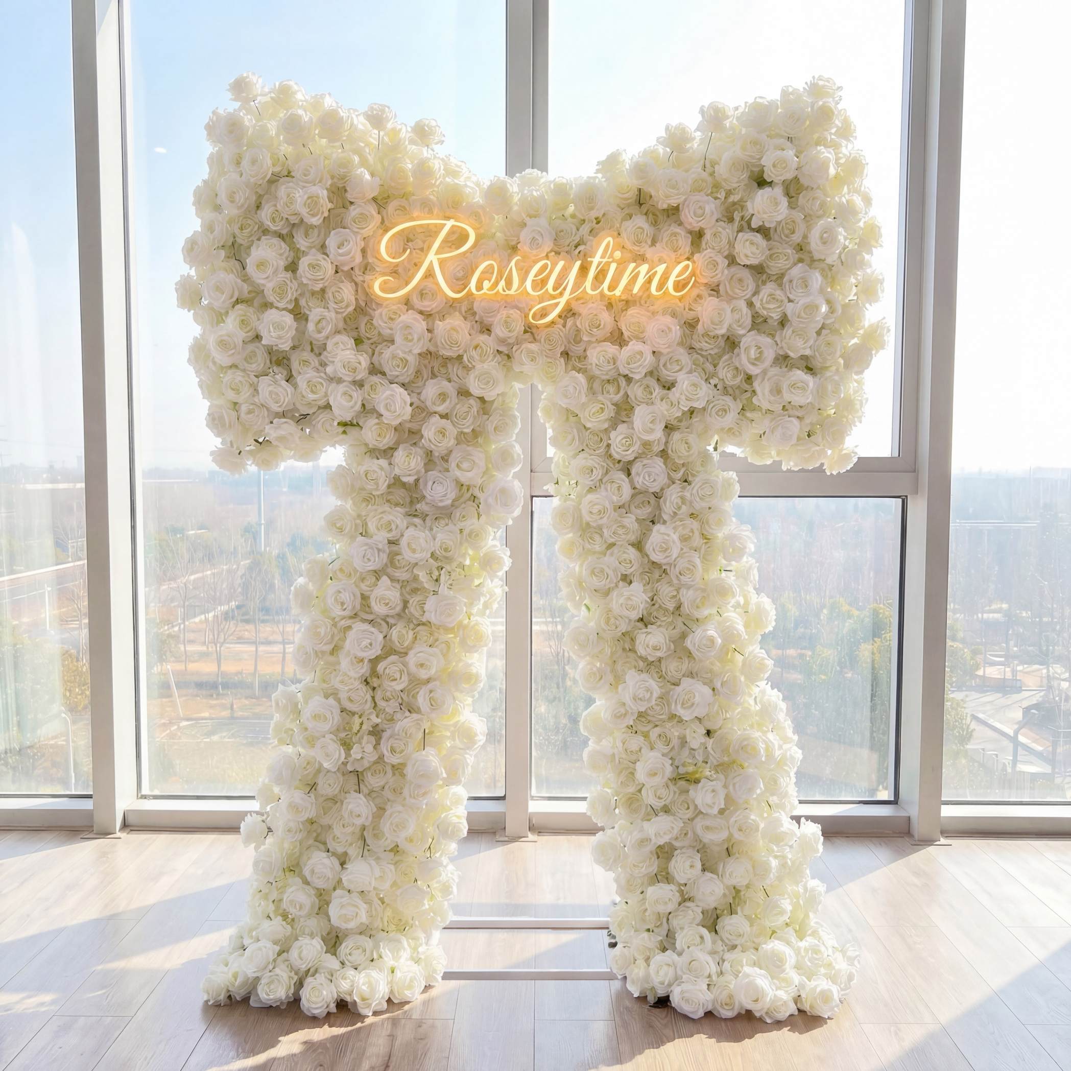 Roseytime White Roses Bow Flower Wall Roll Up Fabric Back #RTW434