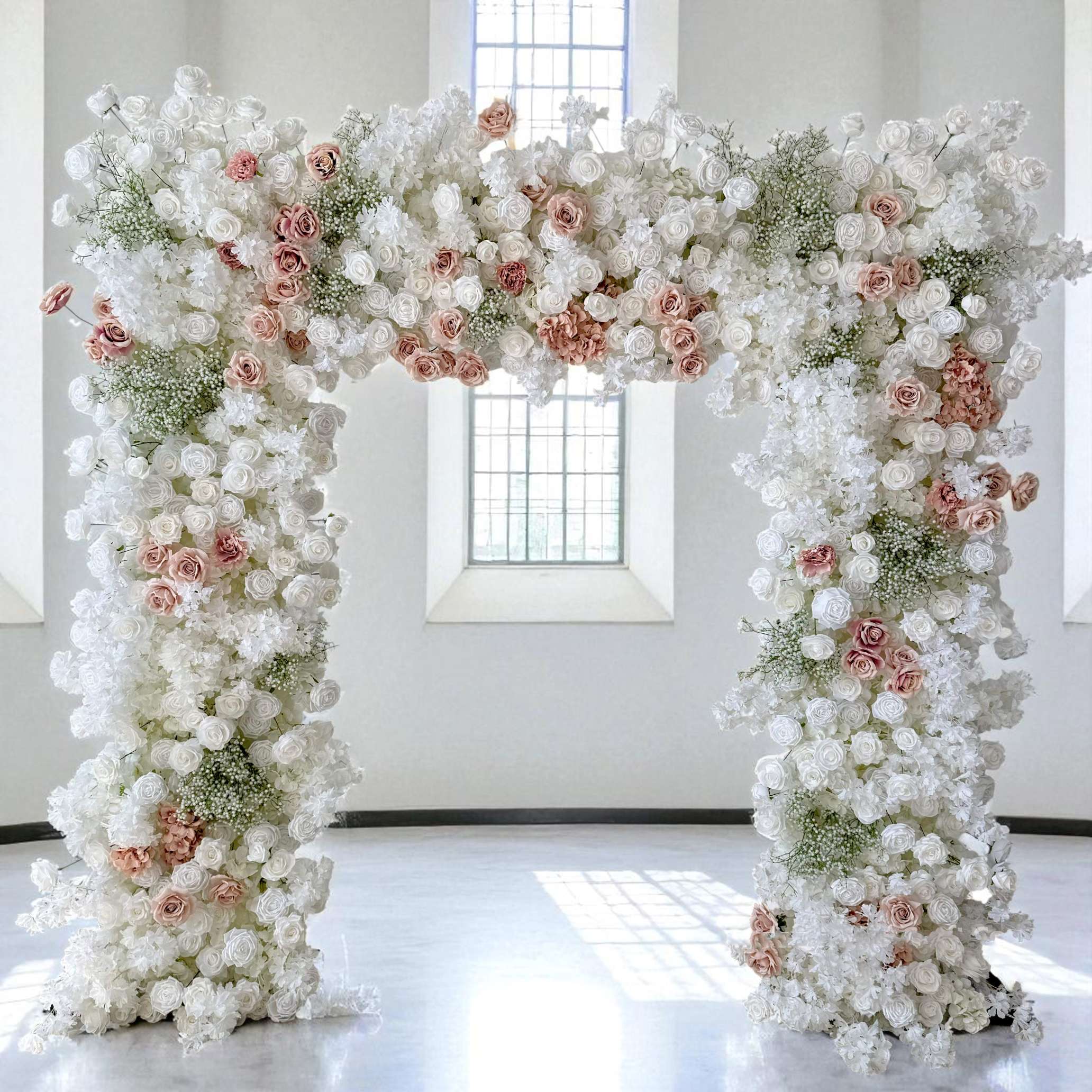Roseytime White Roses&Baby's Breath Square Flower Arch Fabric Back#RTA358