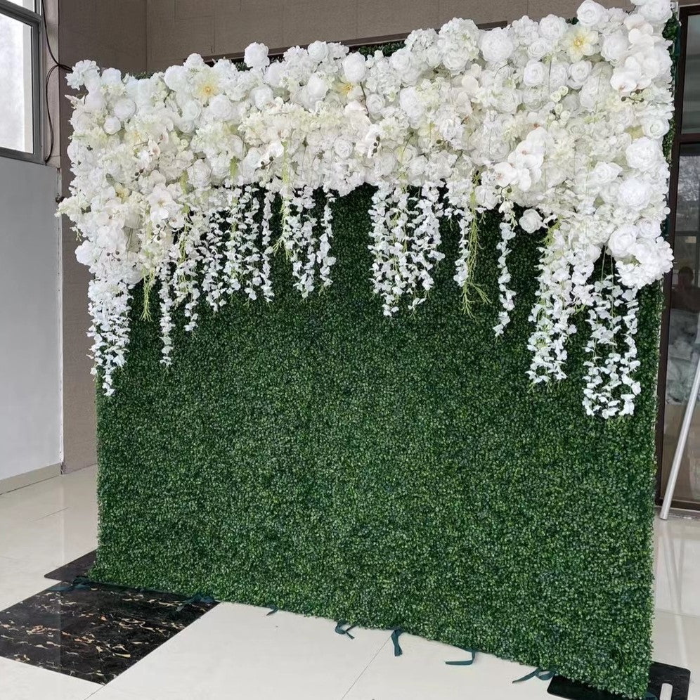 Roseytime Grass White Rose Greenery Flower Wall Fabric Back#RTW121