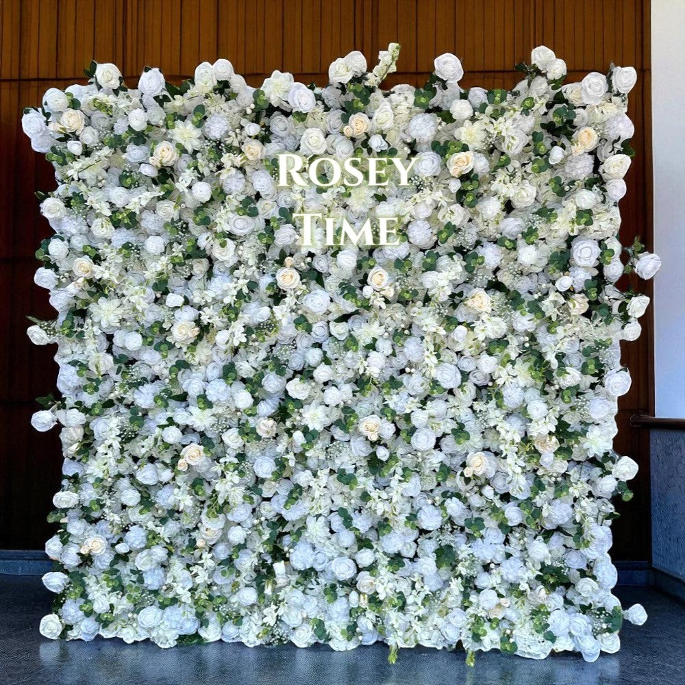 Roseytime 5D Artificial White&Green Flower Wall Roll Up Fabric Back RTW034
