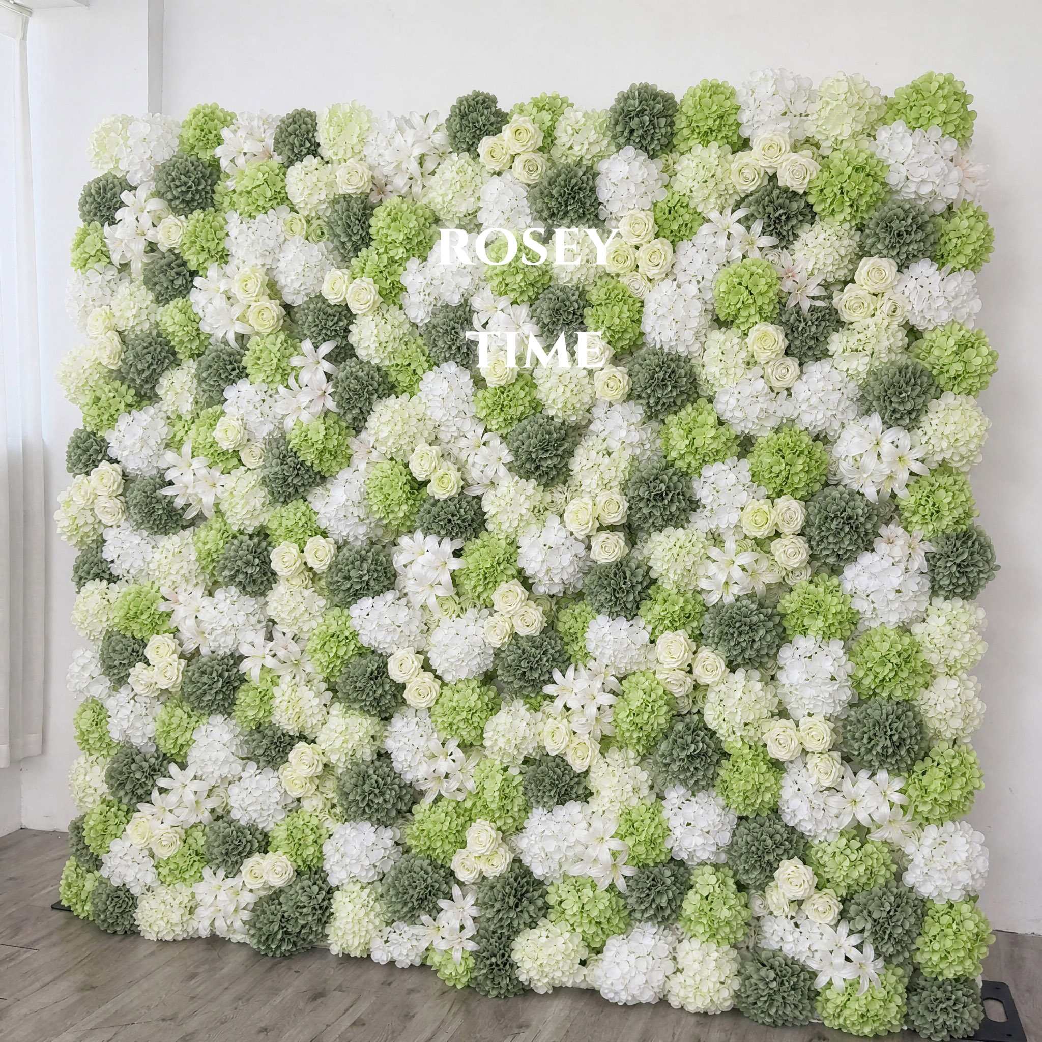 Roseytime 5D White&Green Hydrangea Flower Wall Roll Up Fabric Back#RTW290