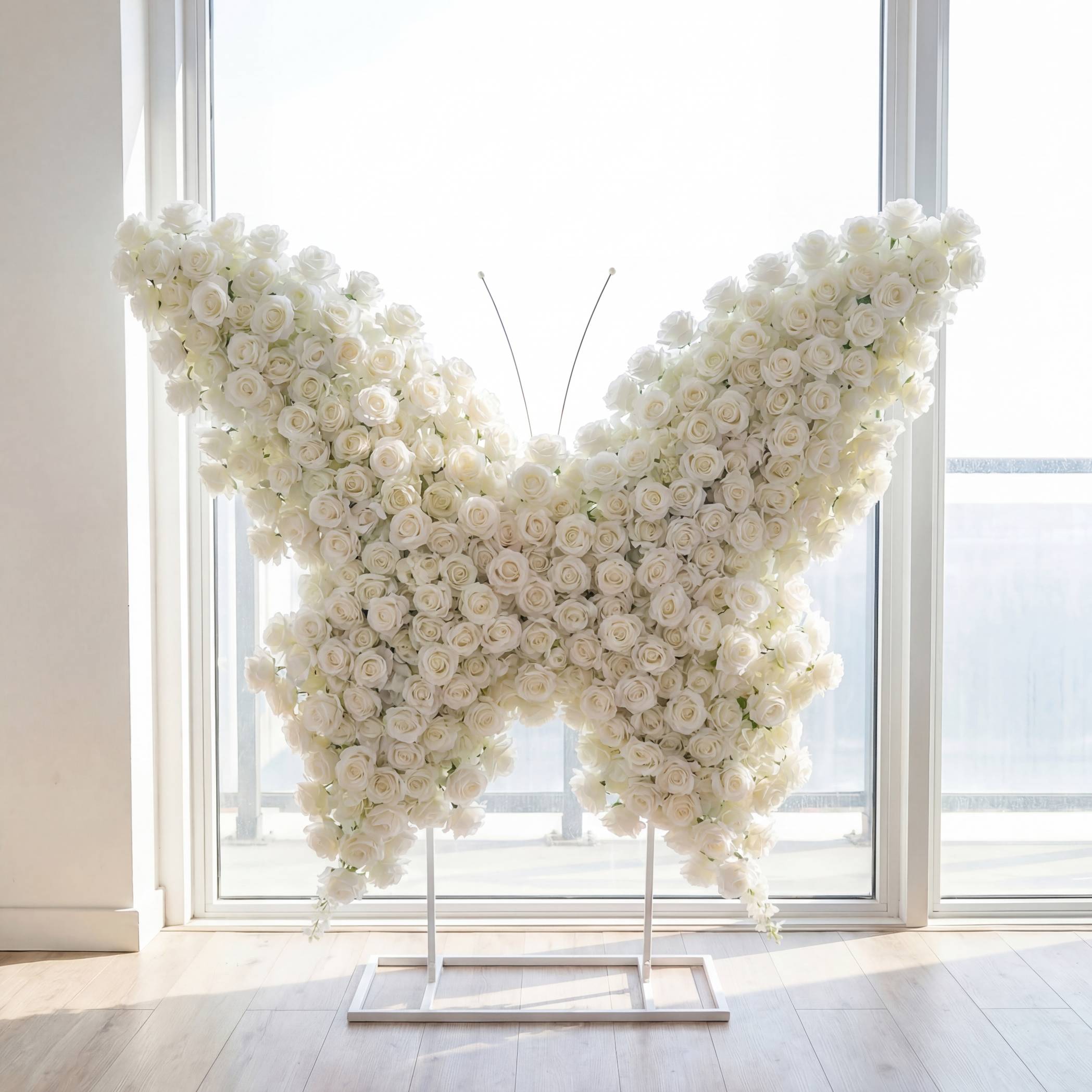 Roseytime White Roses Butterfly Flower Wall Roll Up Fabric Back #RTW427