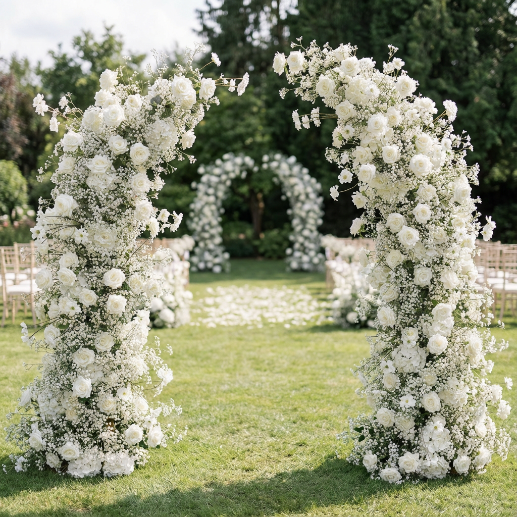 Sale: White Roses Baby‘s Breath Flower Pillars Arch with Frame #RTP133