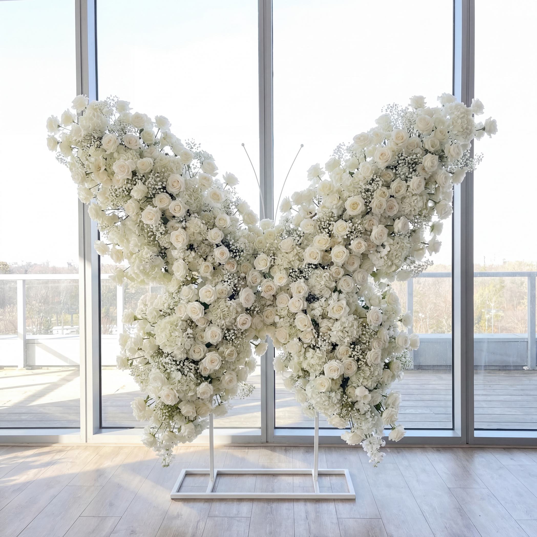 Roseytime White Roses&Baby‘s Breath Butterfly Flower Wall Roll Up Fabric Back #RTW417
