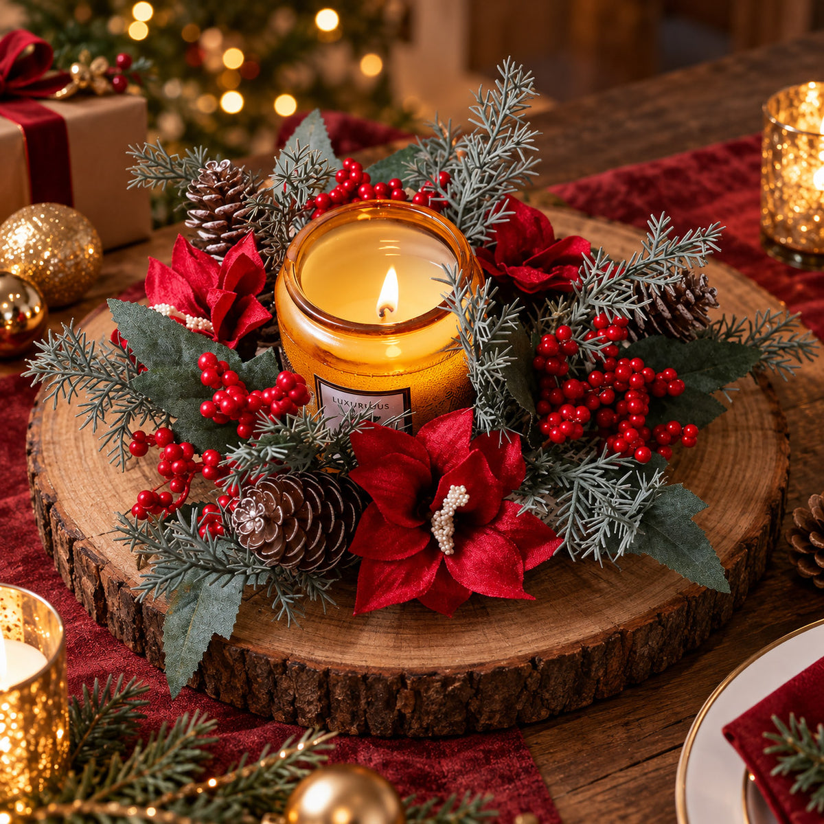 (10pc) Red Christmas Candle Floral Centerpieces with Berries & Pinecones | RoseyTime #RTXC001