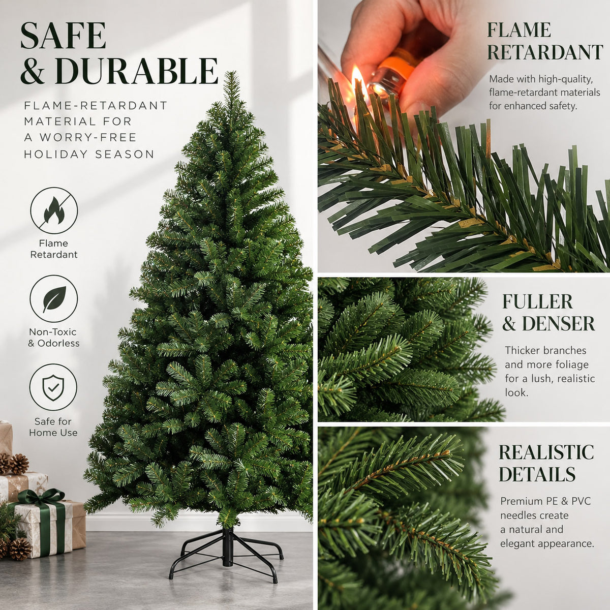 RoseyTime Extra Full & Dense Artificial Christmas Tree Realistic Flame-Retardant Holiday Tree