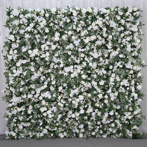 Roseytime 5DArtificial Flower Wall White Rose Pompom Green Olive Leaf Rolling Up Hanging Flowers Wedding Backdrop Decor for Birthday Event Party