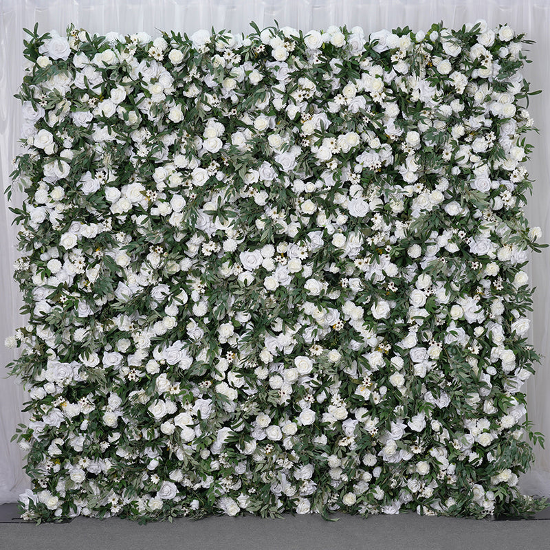 Roseytime 5DArtificial Flower Wall White Rose Pompom Green Olive Leaf Rolling Up Hanging Flowers Wedding Backdrop Decor for Birthday Event Party