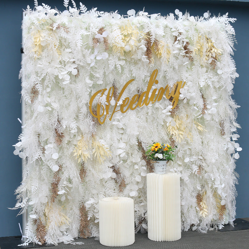 Roseytime Artificial Flower Wall Rolling Up White Feather Hanging Flowers Wedding Backdrop Decor for Birthday Event Party