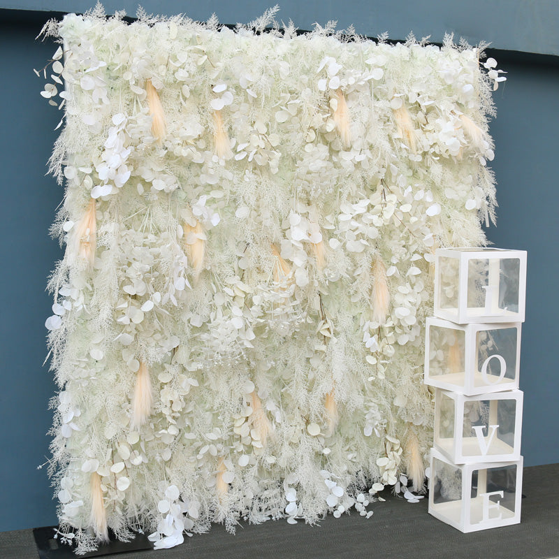 Roseytime Artificial Flower Wall Rolling Up Pampas Grass White Feather Reed Hanging Flowers Wedding Backdrop Decor for Birthday Event Party